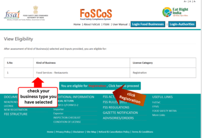 FSSAI registration portal - check your type