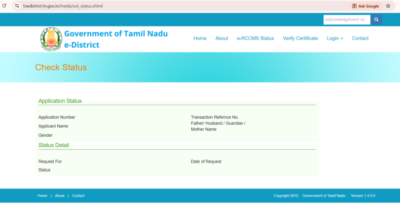 Income Certificate application status and remarks in Tamil Nadu
